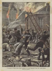 Het gekkenhuis van Bicetre, bij Parijs, in brand gestoken door een gek die alle arme krankzinnigen op de vlucht jaagt